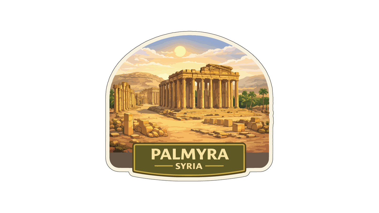 the ancient city of Palmyra, Syria, with its iconic temple and ruins set against a backdrop of a clear blue sky and a bright sun.