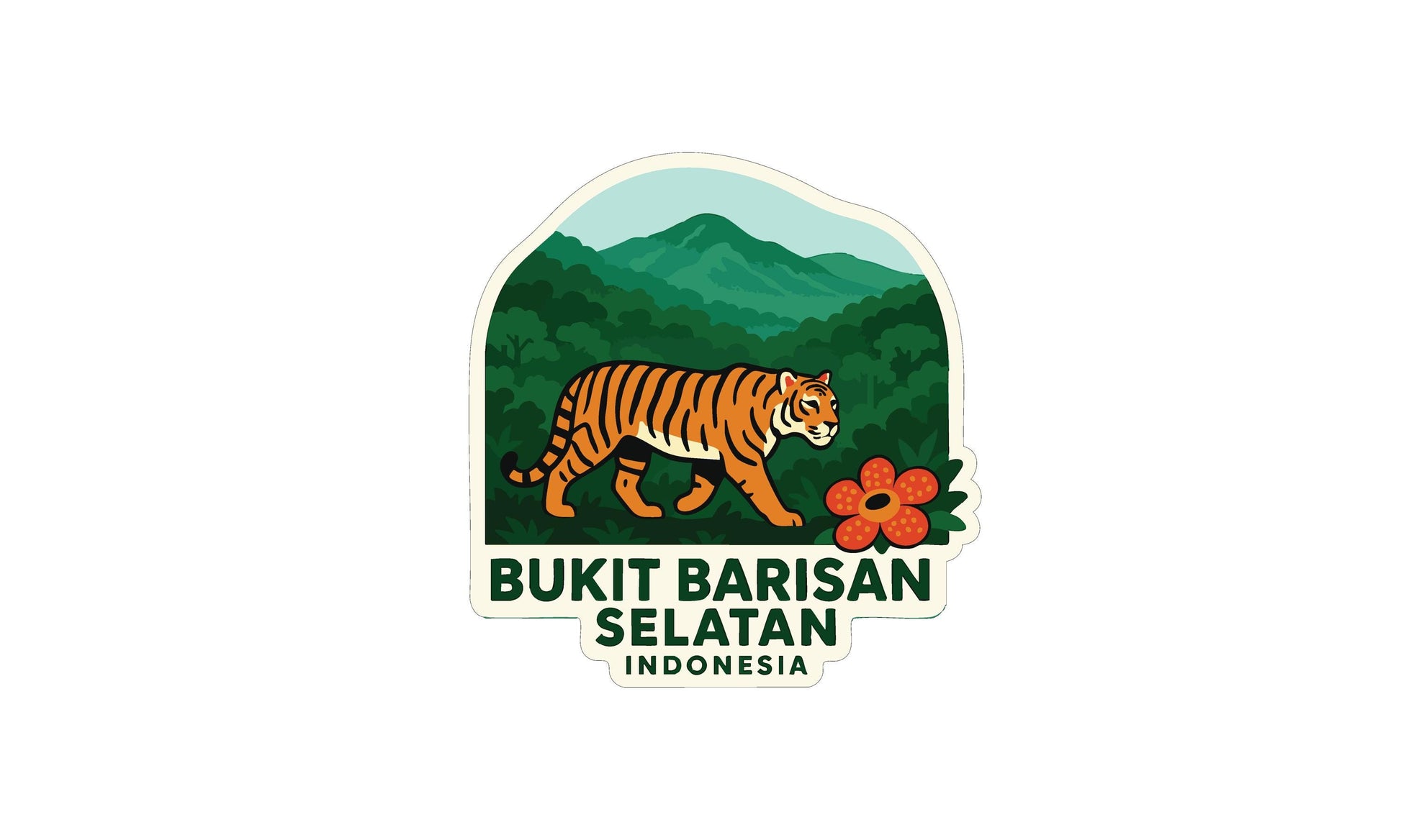 a tiger walking through a forest with mountains in the background.