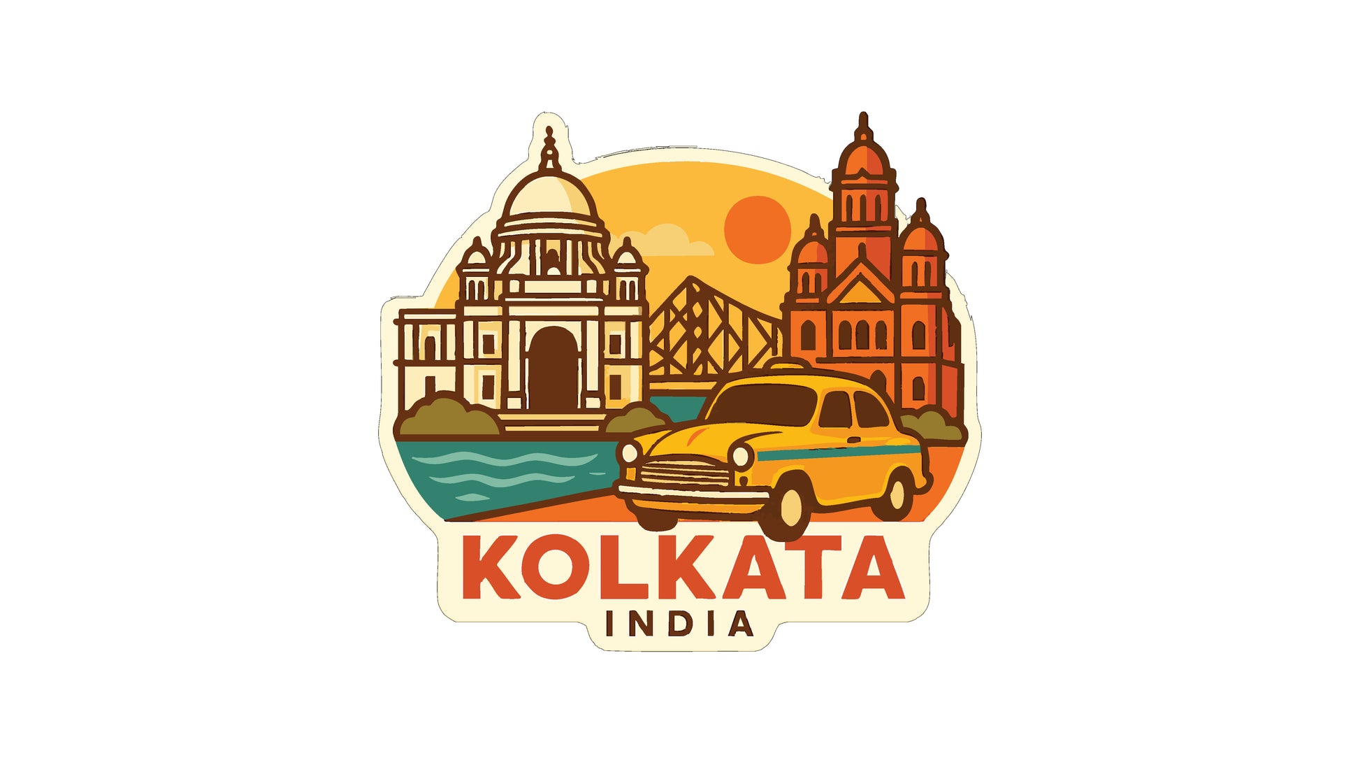 a sticker or emblem with the text "KOLKATA INDIA" and a stylized illustration of a yellow taxi in front of a city skyline, including domes and towers.