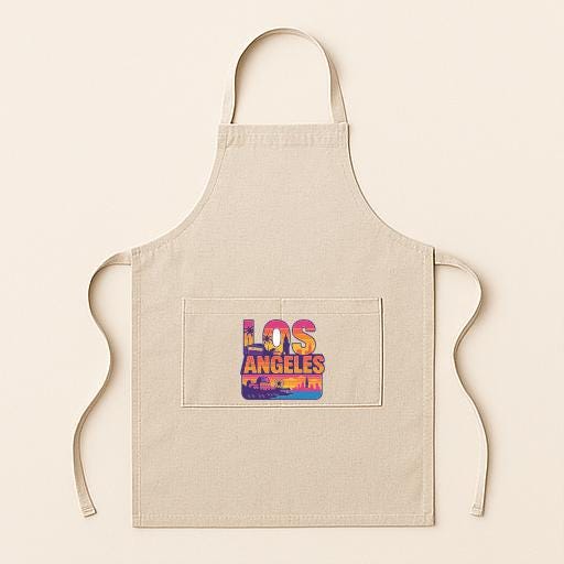 A beige apricot with a colorful graphic of Los Angeles printed on it.