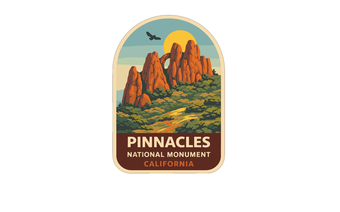 a sticker or label with a scenic illustration of the Pinnacles National Monument in California.