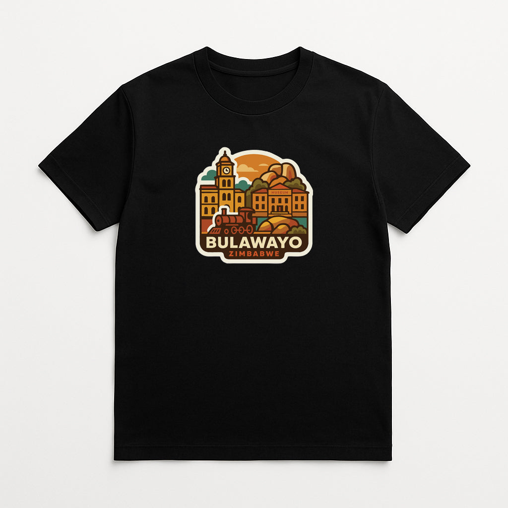 A black t-shirt with a graphic design depicting a cityscape with buildings, a clock tower, and a sunset.