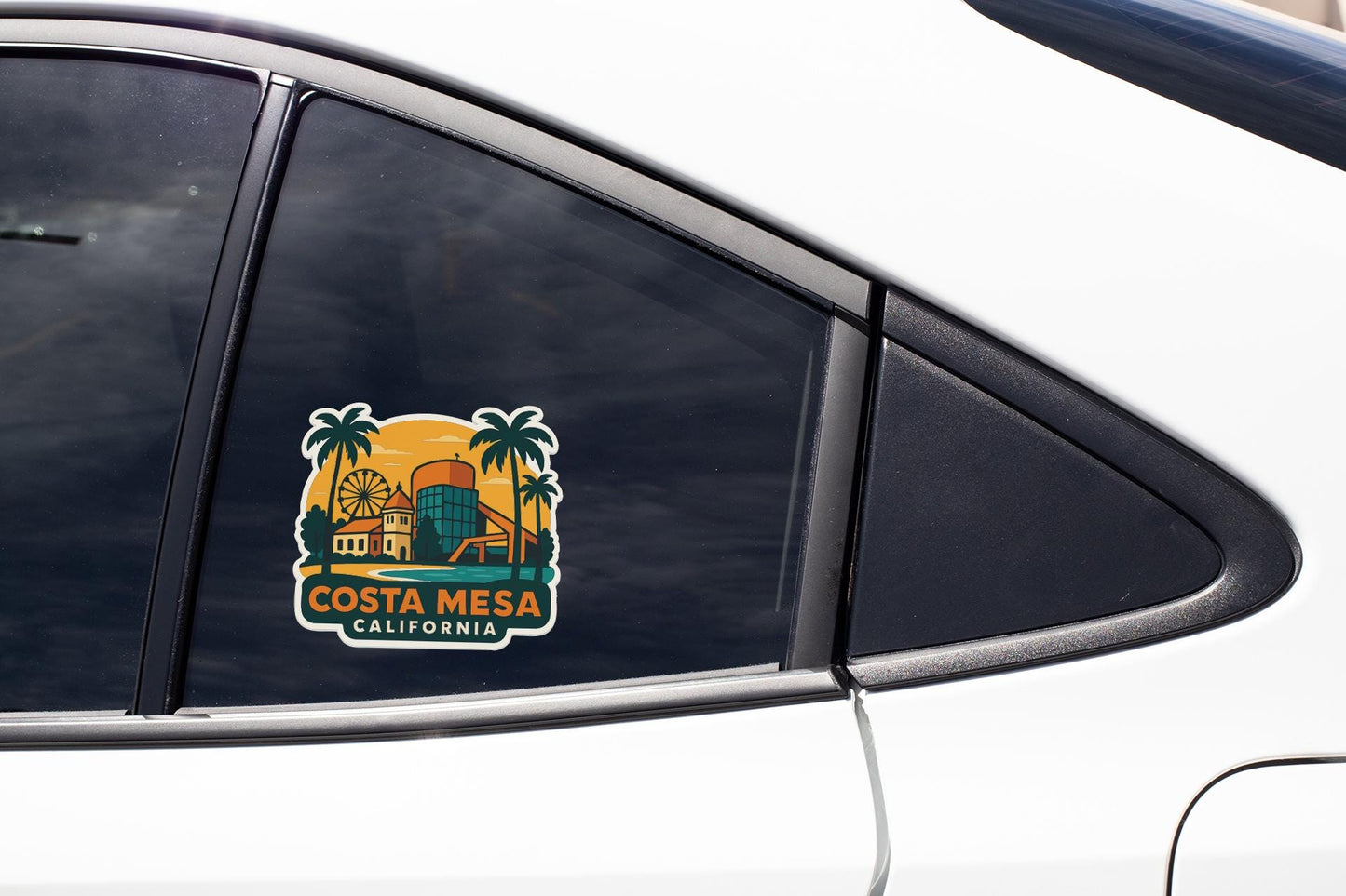 A sticker on the side of a car window, featuring a tropical beach scene with palm trees and a building, along with the text "COSTA MESA CALIFORNIA".