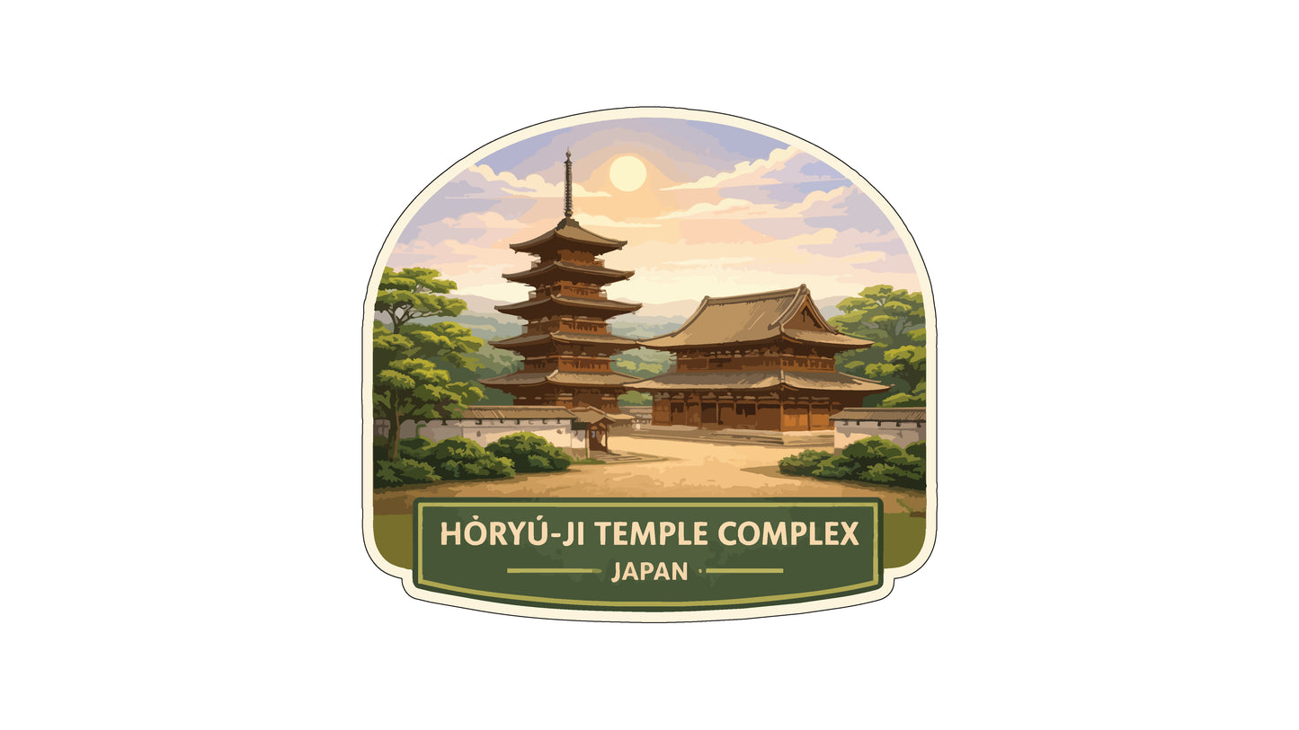 a traditional Japanese temple complex, with multiple pagodas and a large central tower. The temple is surrounded by lush greenery, and the sky is filled with clouds, creating a serene and peaceful atmosphere. The image is a collage of multiple images, and the text "HORYU-JI TEMPLE COMPLEX JAPAN" is prominently displayed, indicating the location and name of the landmark.