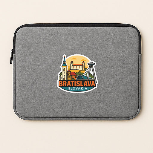 A gray laptop sleeve with a sticker depicting the city of Bratislava, Slovakia.