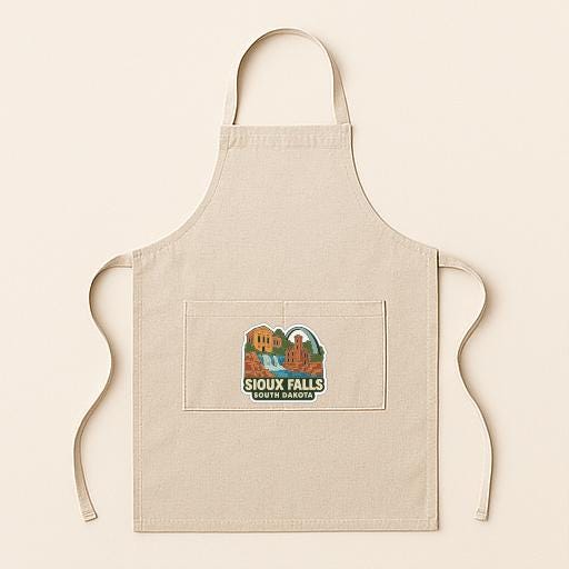 A beige apricot with a graphic of a scenic landscape and the text "SIoux Falls Falls" printed on it.