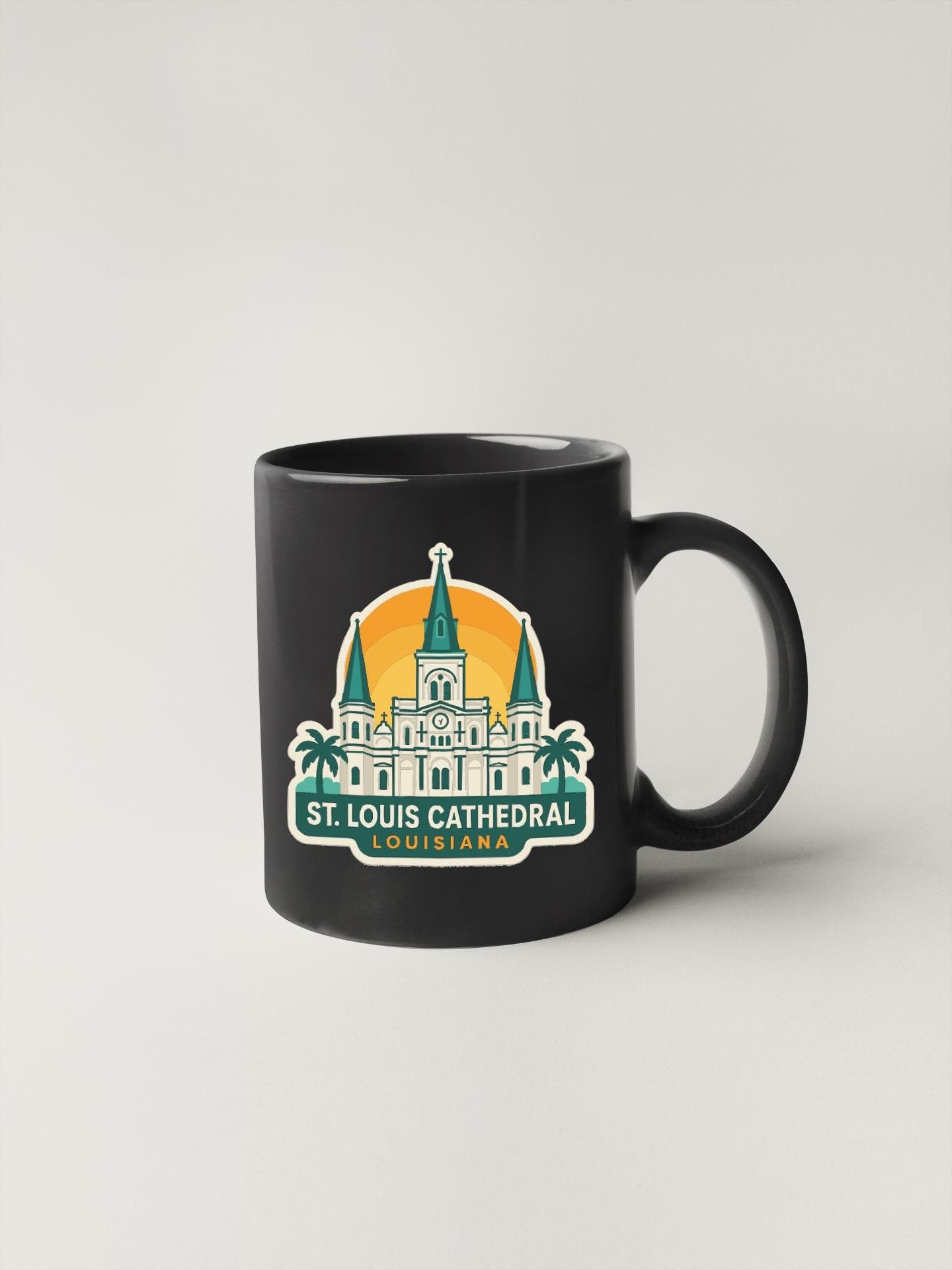 A black coffee mug with a graphic design featuring St. Louis Cathedral in the background.