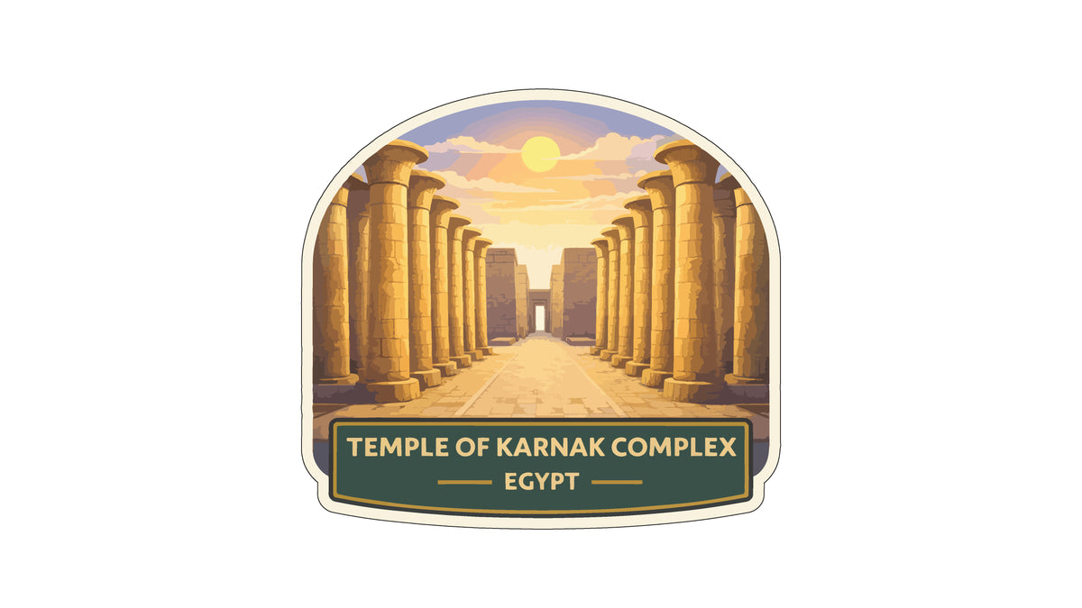 the Temple of Karnak, an ancient Egyptian temple complex, with its iconic columns lining a path leading towards the sun.