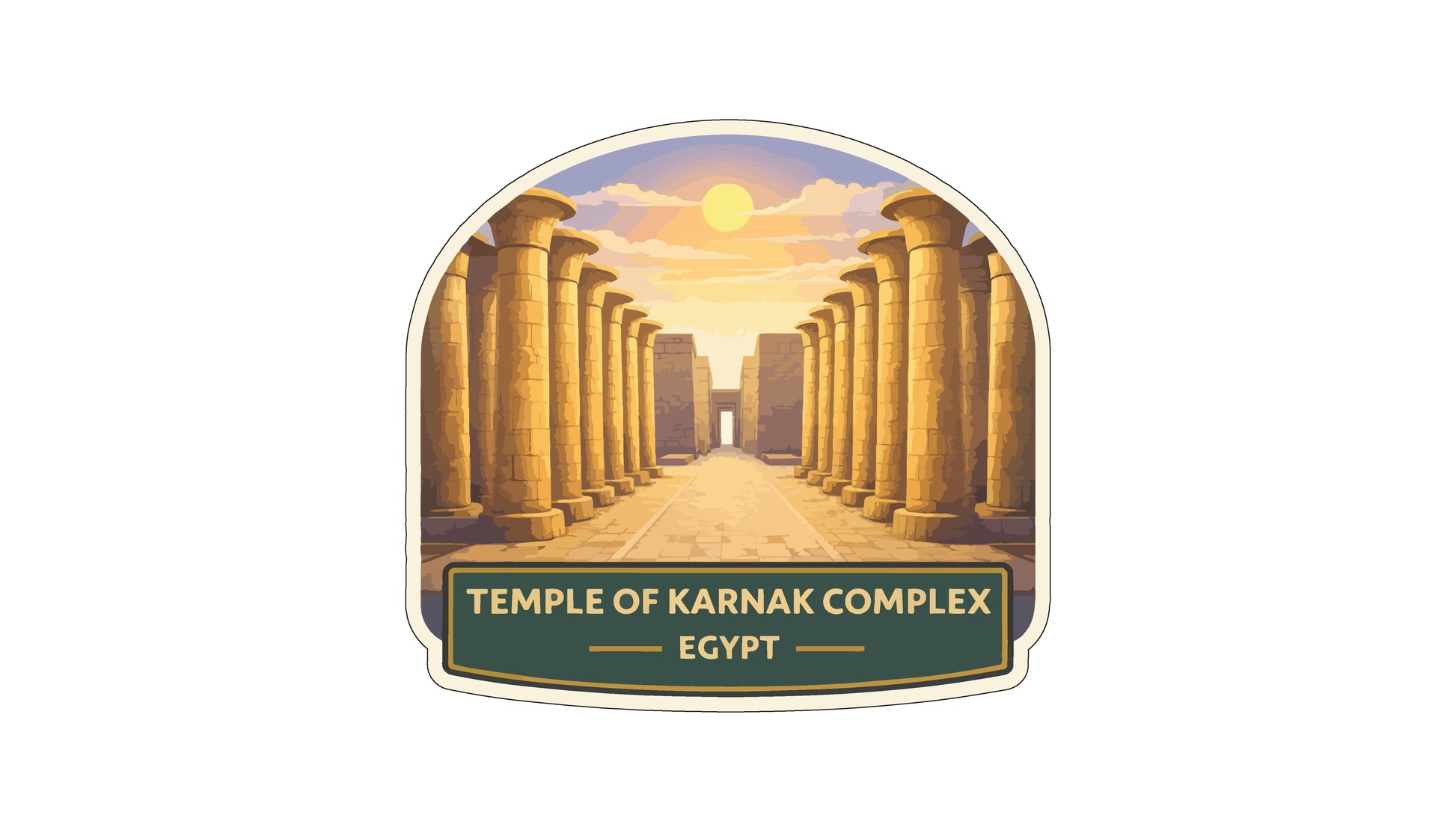 the Temple of Karnak, an ancient Egyptian temple complex, with its iconic columns lining a path leading towards the sun.