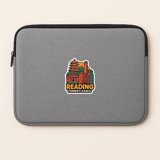 A gray laptop sleeve with a colorful sticker depicting a building and the text "Reading Pennsylvania".