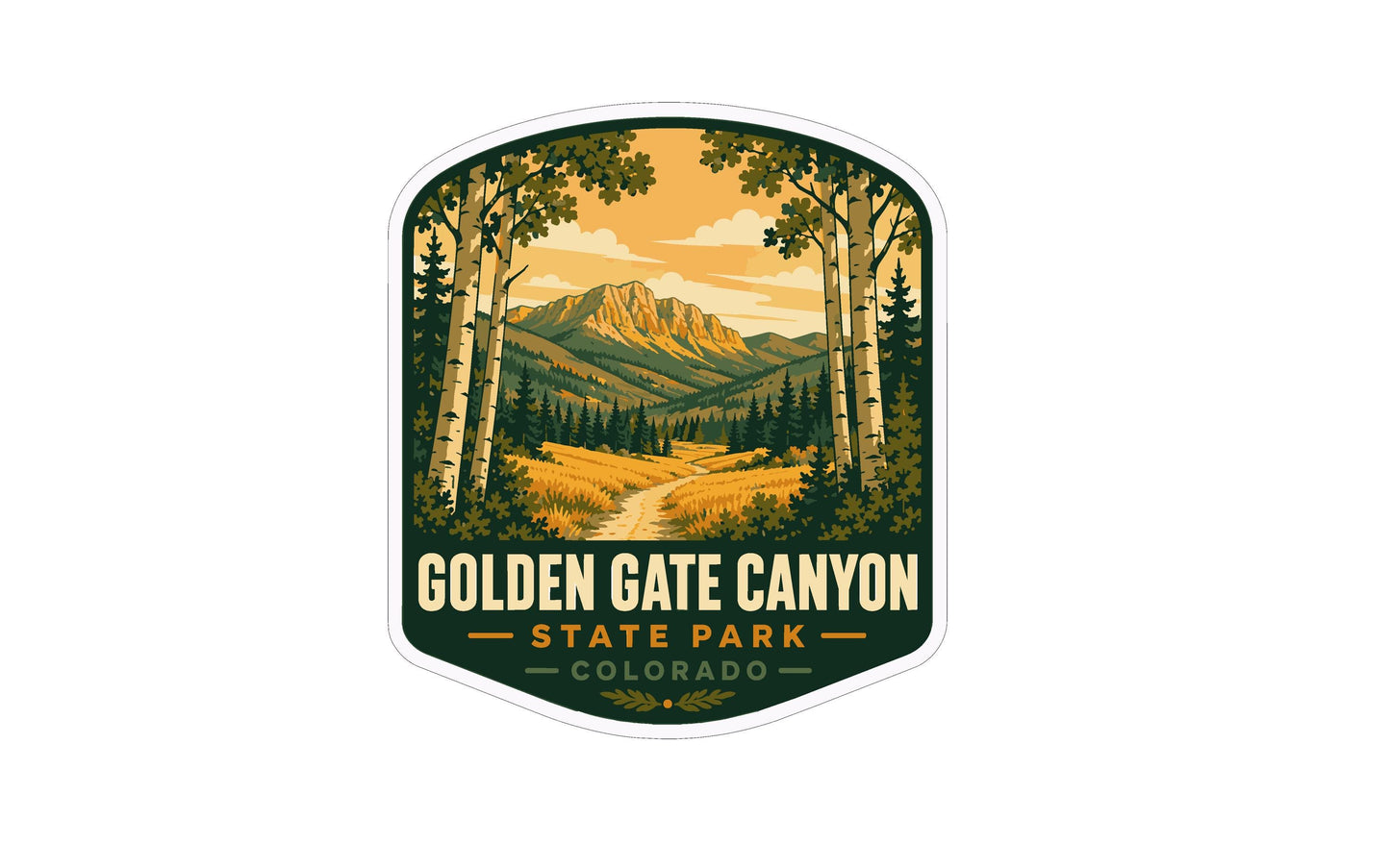 A sticker or emblem featuring a scenic landscape with a mountain range, trees, and a winding path, with the text "GOLDEN GATE CANYON STATE PARK COLORADO" prominently displayed.