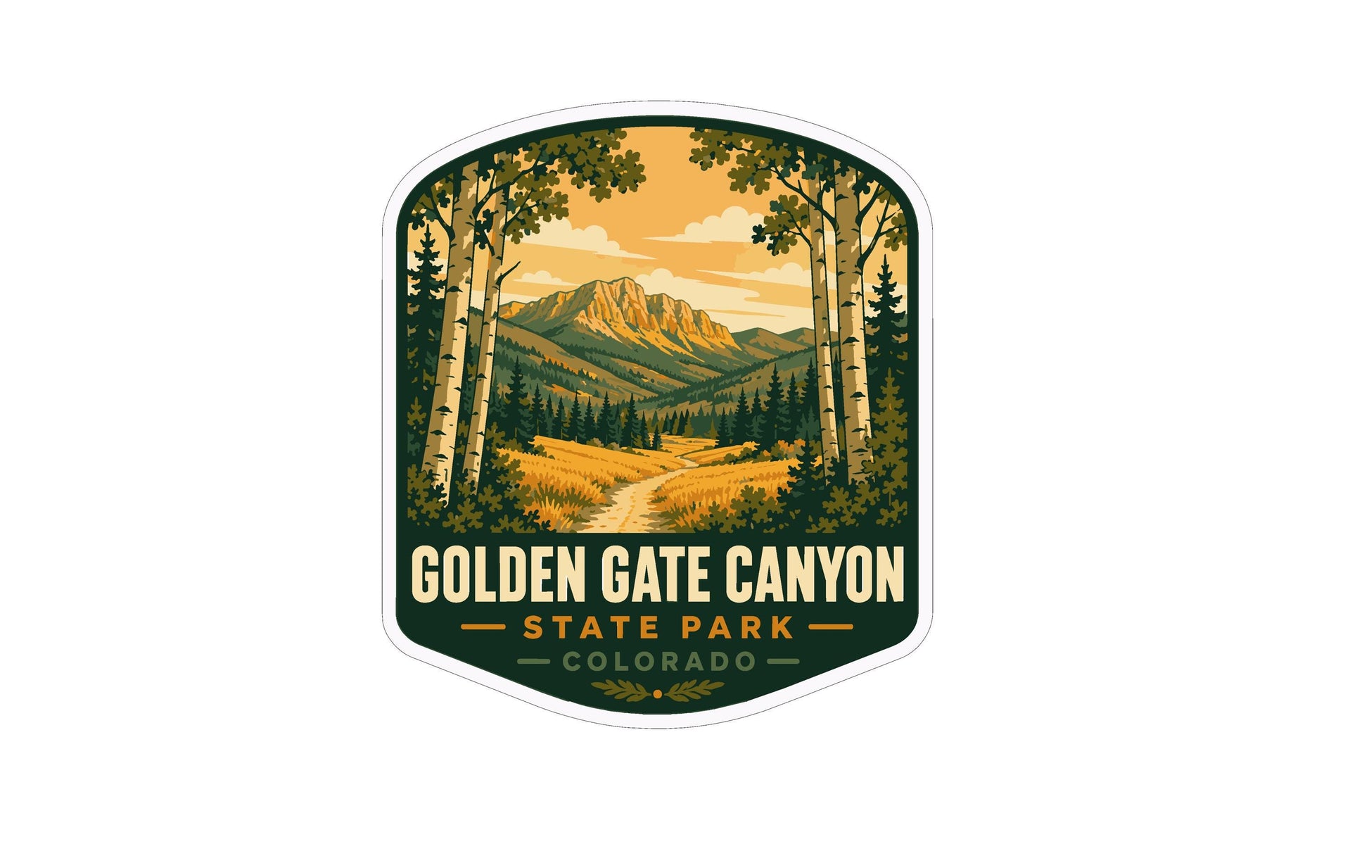 A sticker or emblem featuring a scenic landscape with a mountain range, trees, and a winding path, with the text "GOLDEN GATE CANYON STATE PARK COLORADO" prominently displayed.