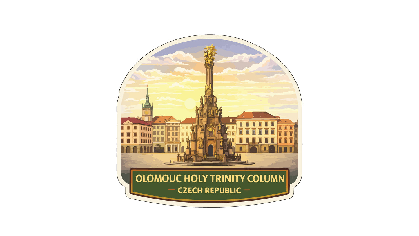 a large, ornate column with a golden statue on top, surrounded by a cityscape with buildings and a church steeple.