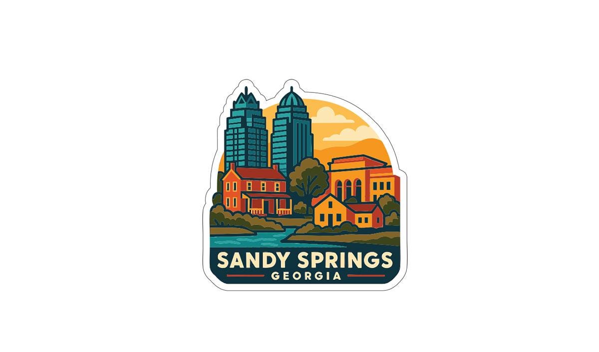 A sticker depicting the skyline of Sandy Springs, Georgia, with tall buildings and a sunset in the background.