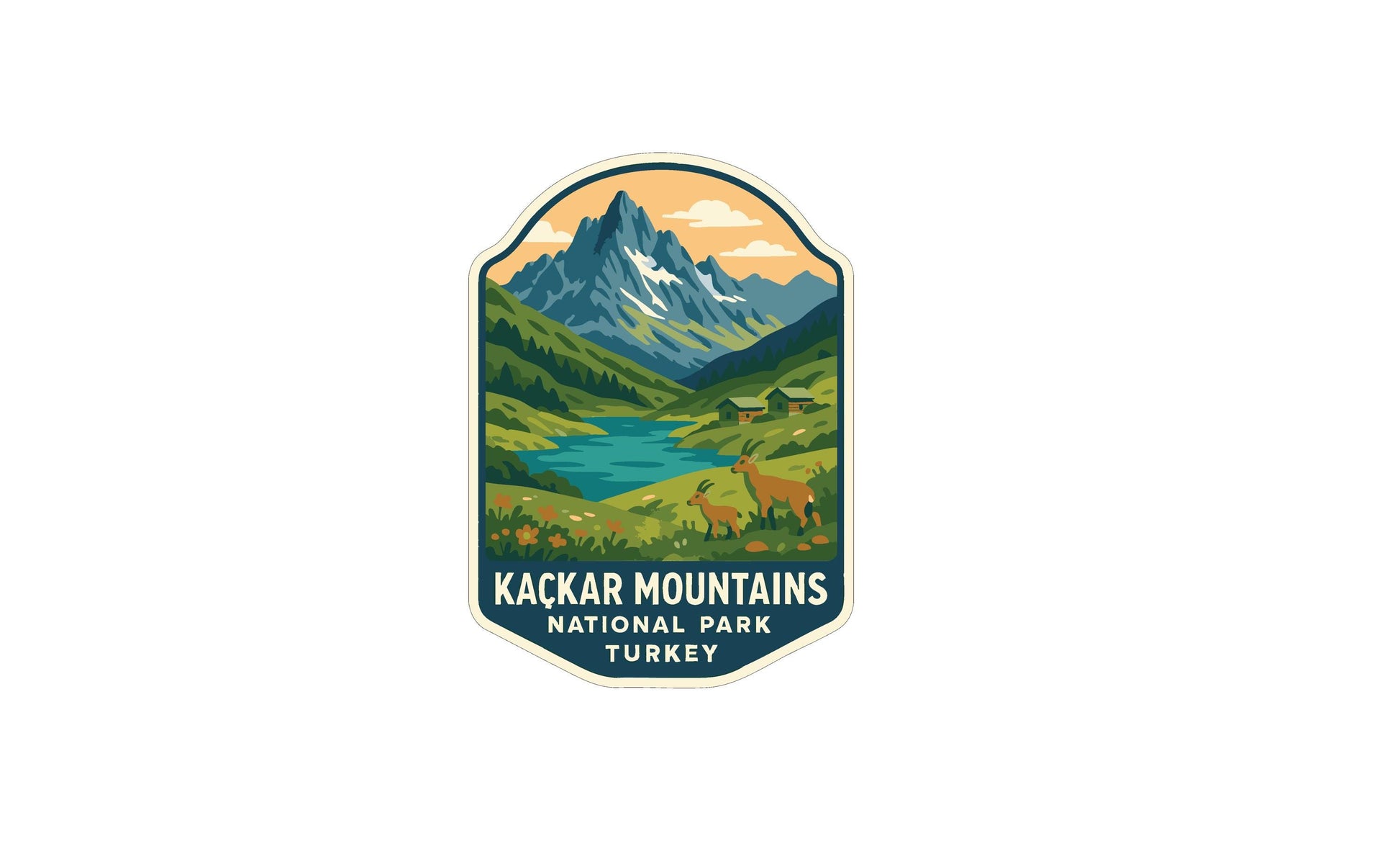 A sticker or emblem featuring a mountain landscape with a lake, surrounded by lush greenery and a small village. The text "Kackar Mountains National Park Turkey" is prominently displayed, indicating the location or theme of the image.