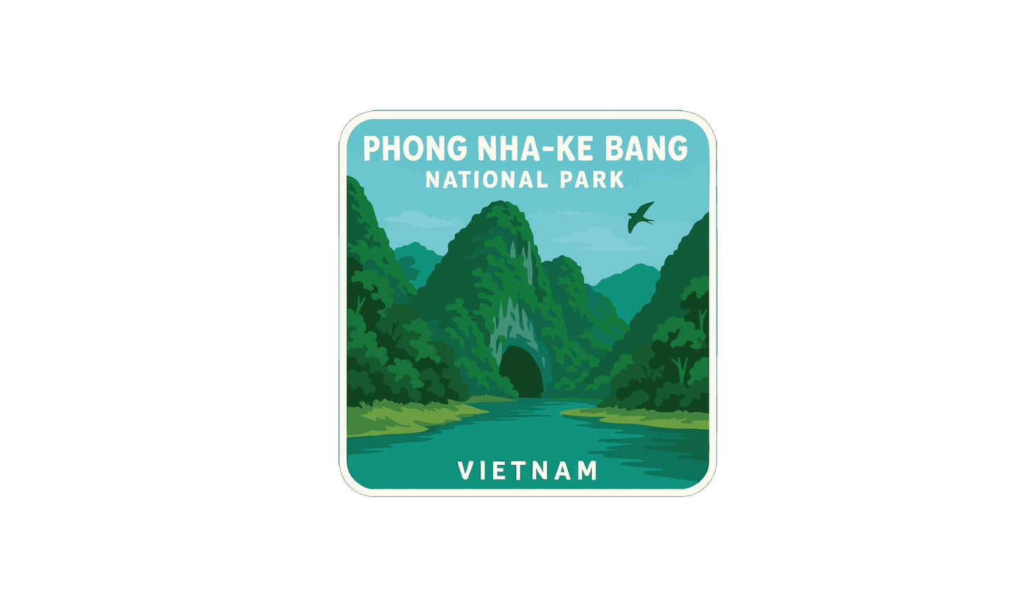 The image is a sticker depicting the Phong Nha-Ke Bang National Park in Vietnam, featuring a scenic landscape with mountains, a river, and a bird in flight.