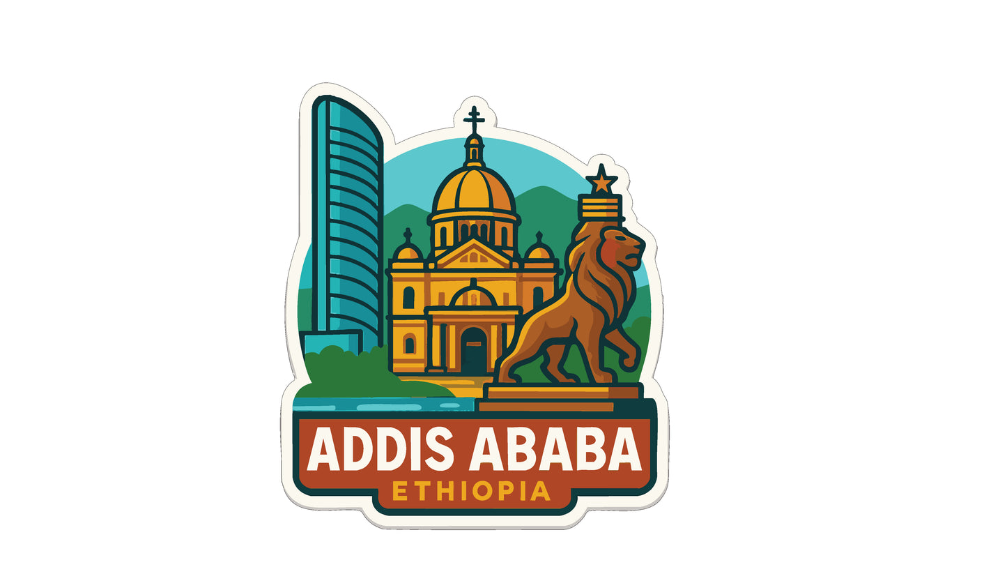 a sticker or emblem with a lion and a building, representing Addis Ababa, Ethiopia.
