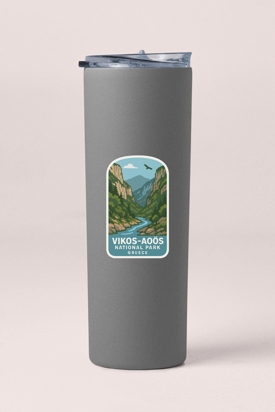 A gray tumbler with a label that says "Vikos-Aoos National Park Greece".