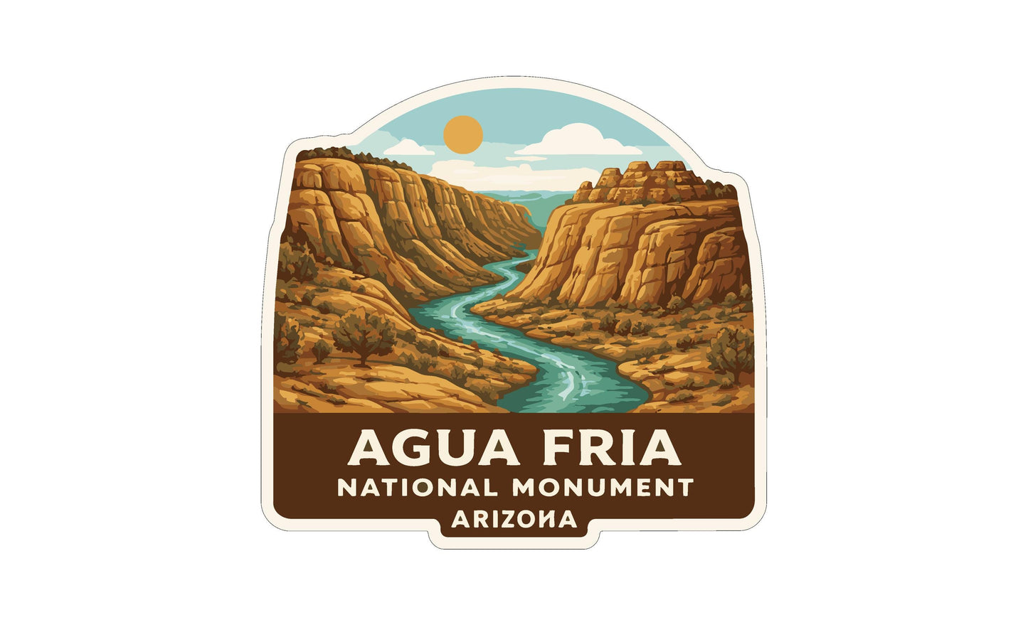 a sticker or label with a scenic illustration of a river flowing through a mountainous landscape, with the text "AGUA FRIA NATIONAL MONUMENT ARIZONA" prominently displayed.