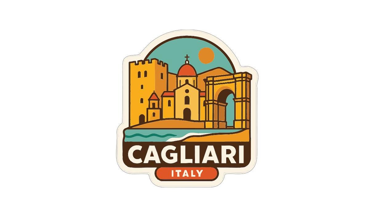 a sticker or emblem with a stylized illustration of a cityscape, including a castle, buildings, and a bridge. The text "CAGLIARI ITALY" is prominently displayed, indicating the location or country of the depicted city.