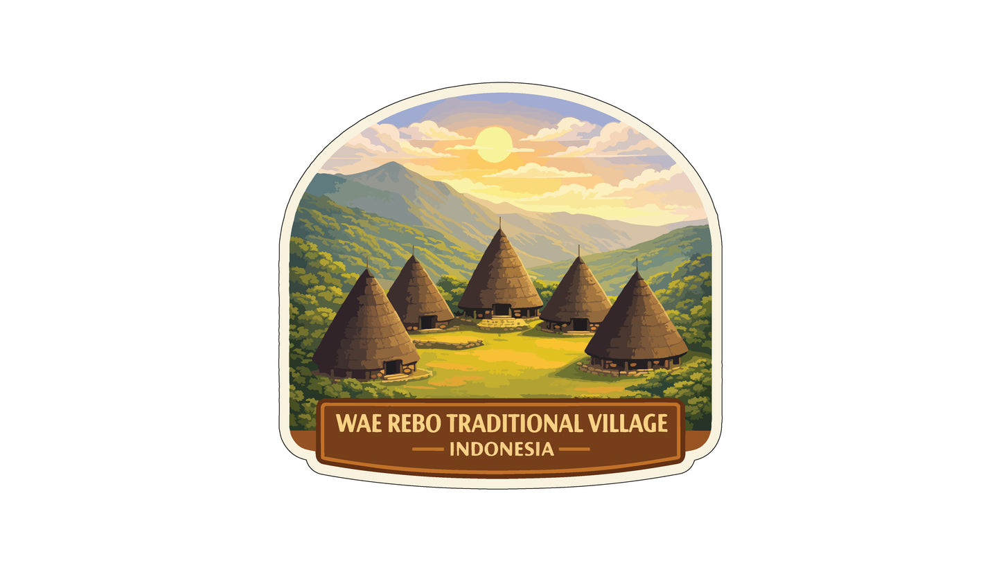 a traditional Indonesian village with several thatched-roof huts set against a backdrop of mountains and a bright, colorful sky.
