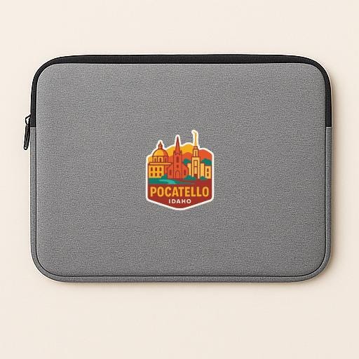 A gray laptop sleeve with a colorful graphic of the city of Idaho on it.