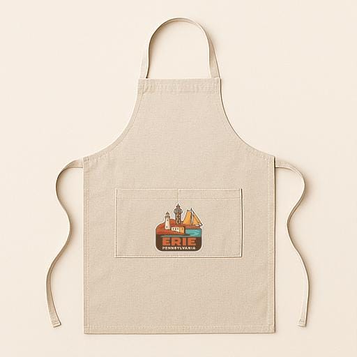 A beige apricot with a graphic design on the front pocket, featuring a lighthouse and a castle.