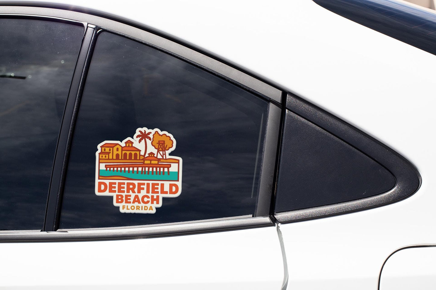 A sticker on the side of a car window that says "DEERFIELD BEACH FLORIDA".