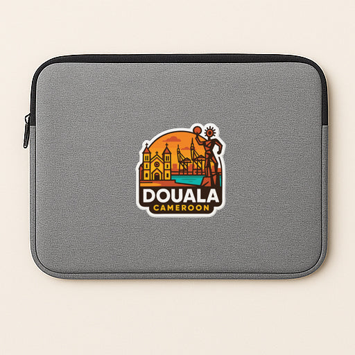 a gray laptop sleeve with a logo for DOUALA CAMERON.
