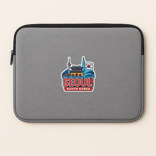 A gray laptop sleeve with a graphic of the skyline of Seoul, South Korea, featuring the iconic Space Needle and other landmarks.