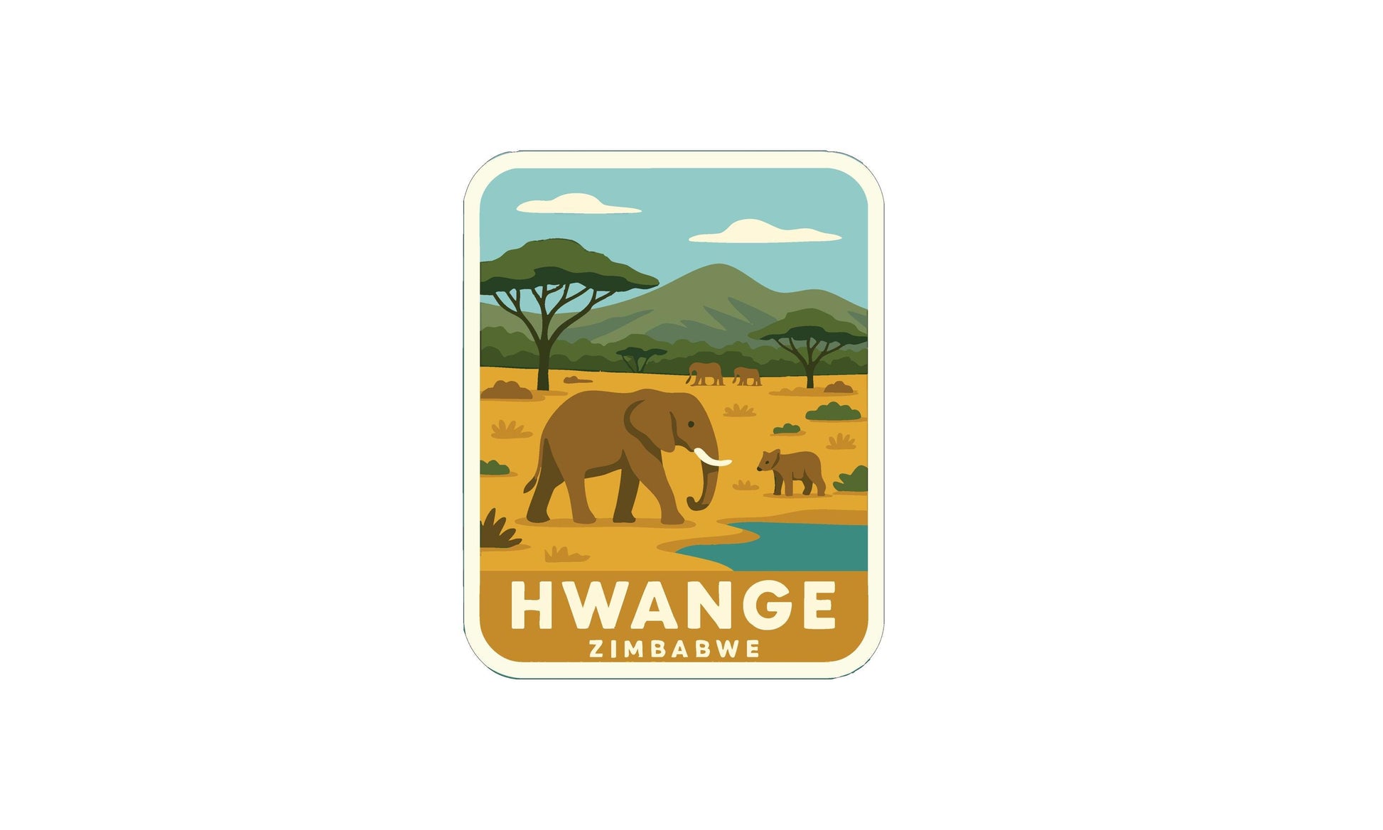 a stylized illustration of an elephant and a baby elephant in a savanna landscape, with mountains in the background.