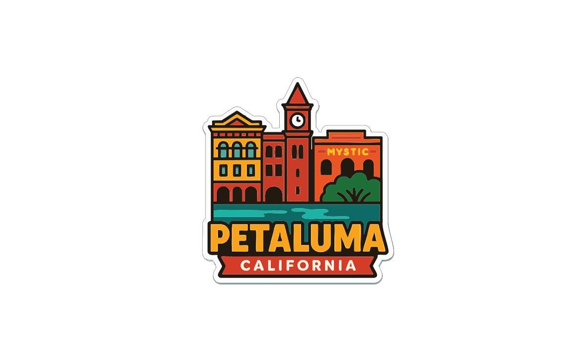 A sticker or logo depicting the city of Petaluma, California, with a clock tower and buildings in various colors.