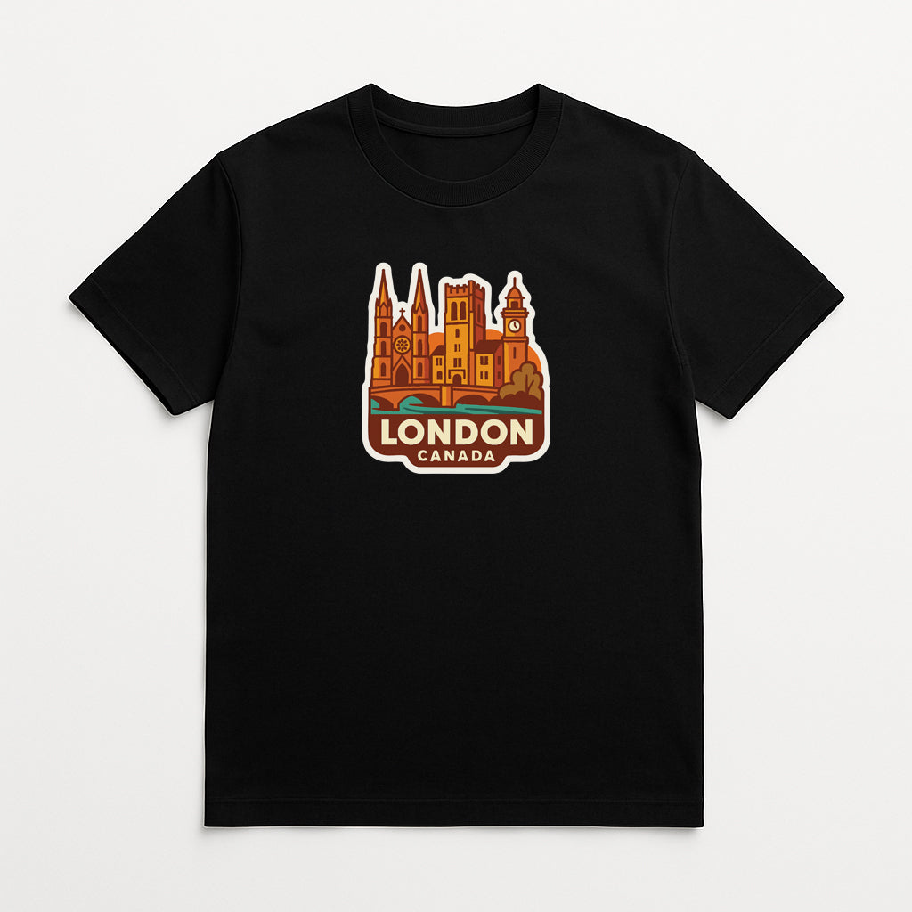 A black t-shirt with a graphic design depicting the skyline of London, Canada.