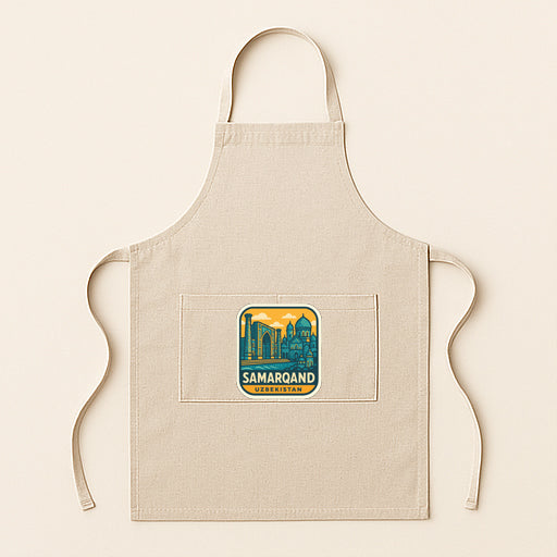 A beige apricot with a graphic of a city skyline on the front pocket.
