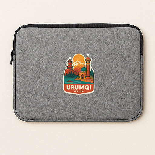 A gray laptop sleeve with a sticker depicting a scenic view of Urumqi, China.