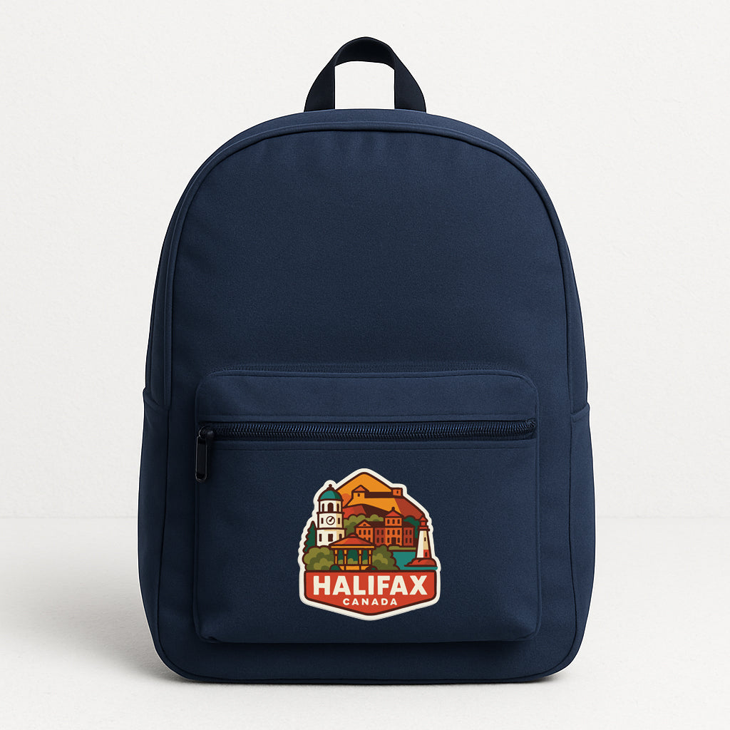 A navy blue backpack with a graphic of Halifax, Canada, printed on it.