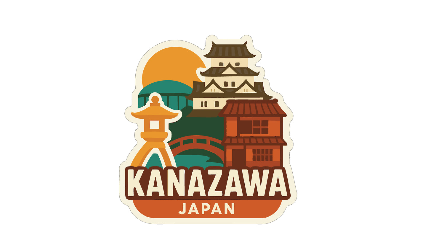 A sticker or label featuring the iconic Kanazawa Castle in Japan, surrounded by various architectural elements such as pagodas and traditional Japanese houses.