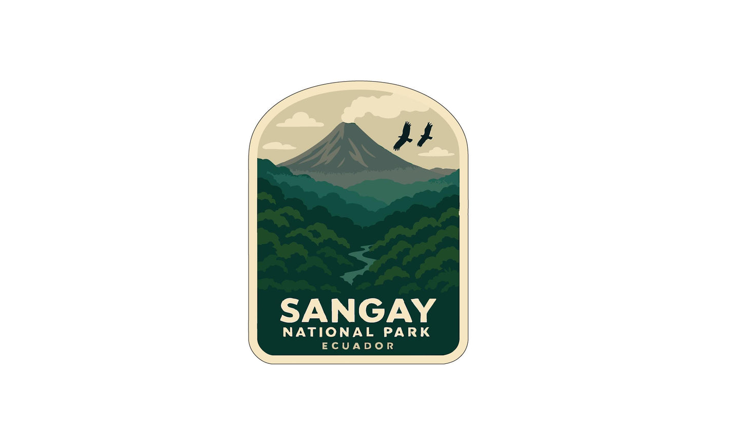 a sticker or emblem for the Sangay National Park in Ecuador, showcasing a mountain landscape with a river and two birds flying in the sky.