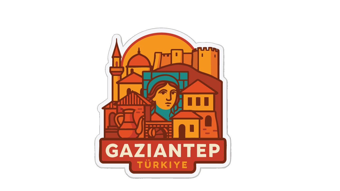 The image is a sticker or logo featuring a stylized illustration of a cityscape with a woman's face in the center, surrounded by various architectural elements such as buildings, domes, and towers.