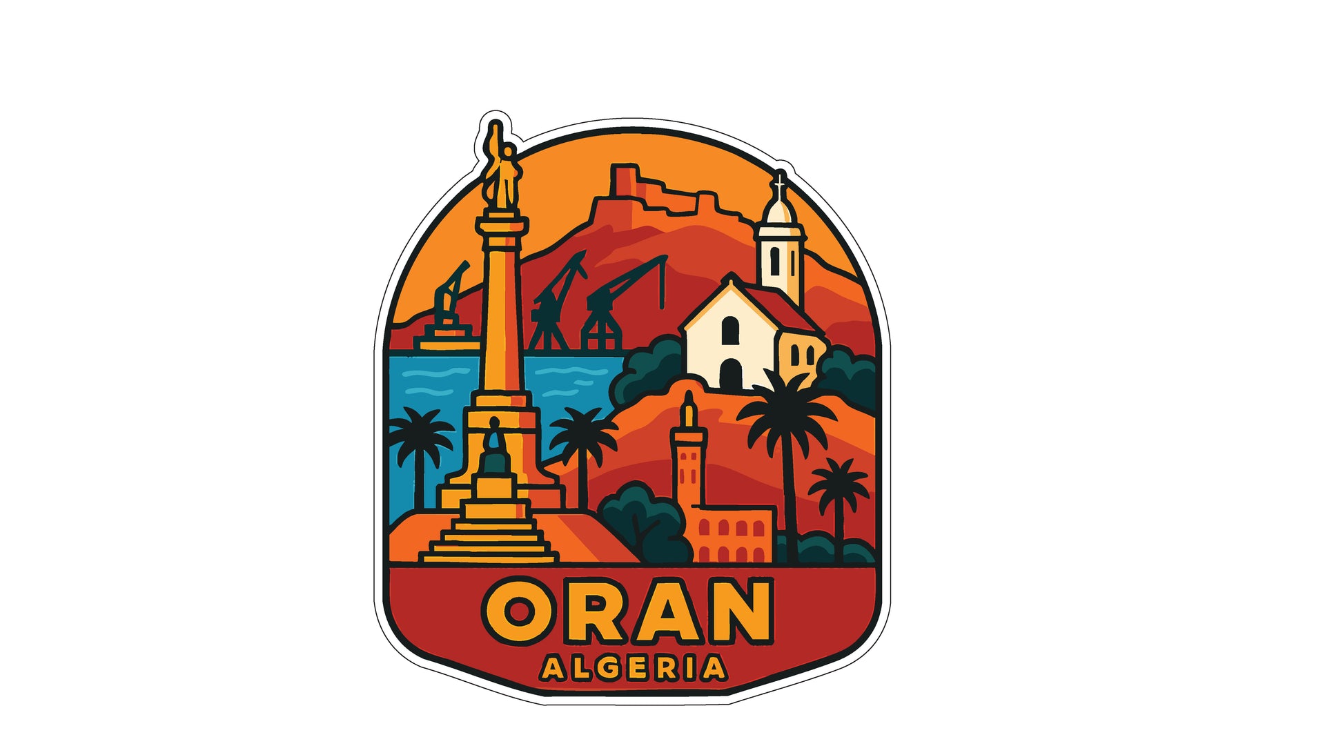 The image is a colorful sticker or emblem featuring various landmarks and buildings in a stylized illustration style, with the word "ORAN" prominently displayed.