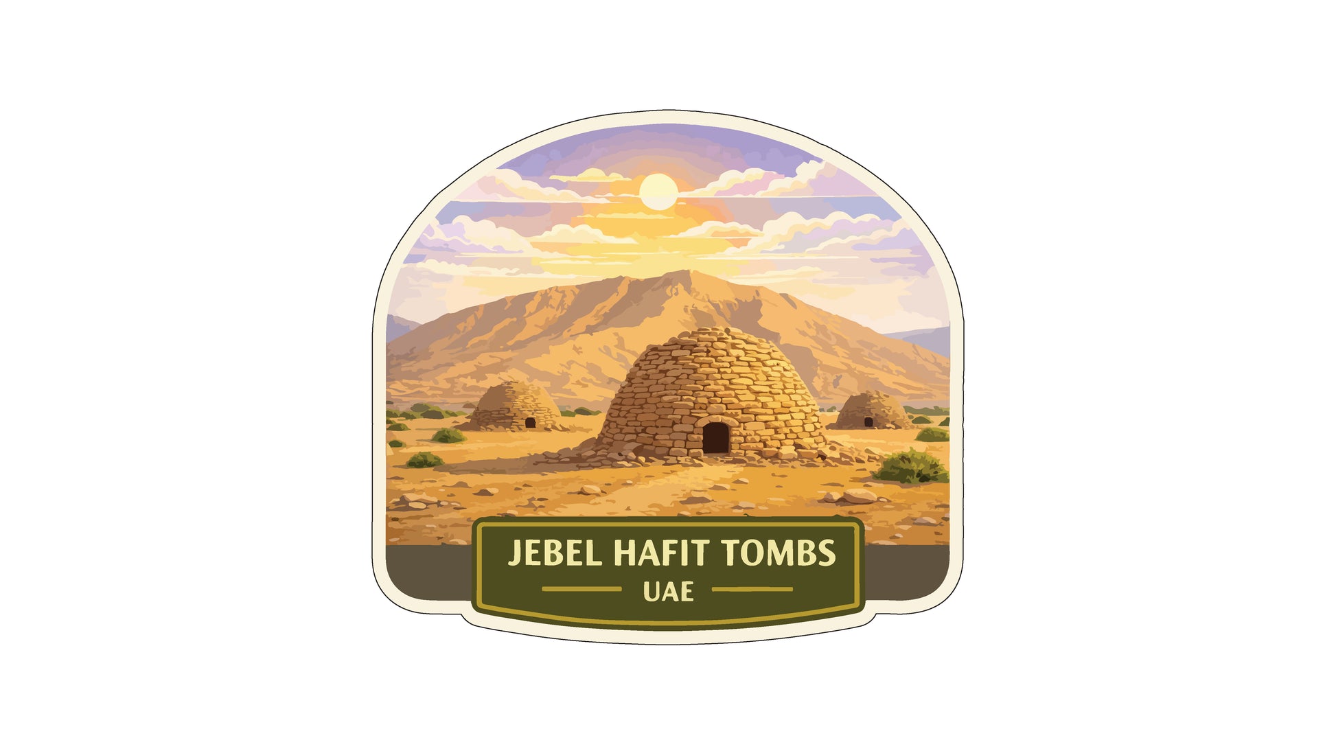 A desert landscape with a large, domed structure in the center, surrounded by smaller structures, against a backdrop of mountains and a sunset sky.