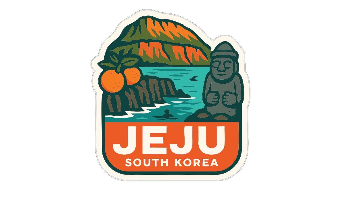 A sticker or label featuring a stylized illustration of Jeju, South Korea, with various elements such as mountains, a statue, and a beach.
