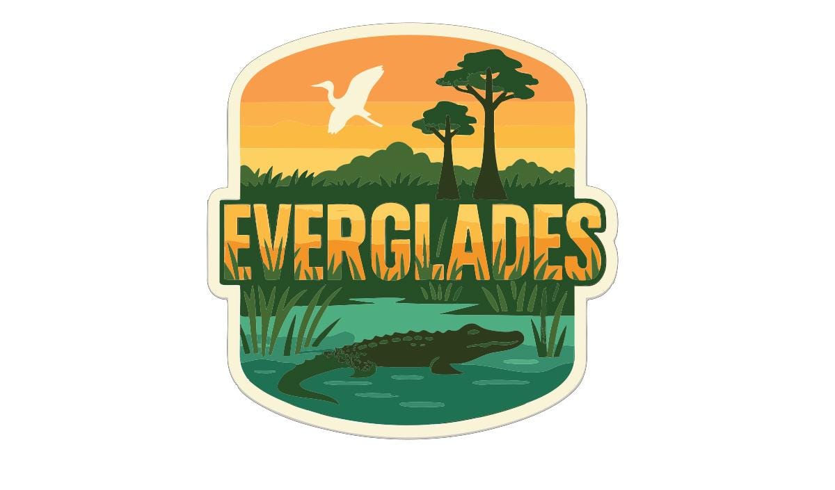 a stylized logo with a bird flying over a landscape with trees, a pond, and a crocodile.