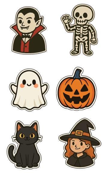 six stickers depicting various Halloween-themed characters, including a vampire, a skeleton, a ghost, a pumpkin, a black cat, and a witch.