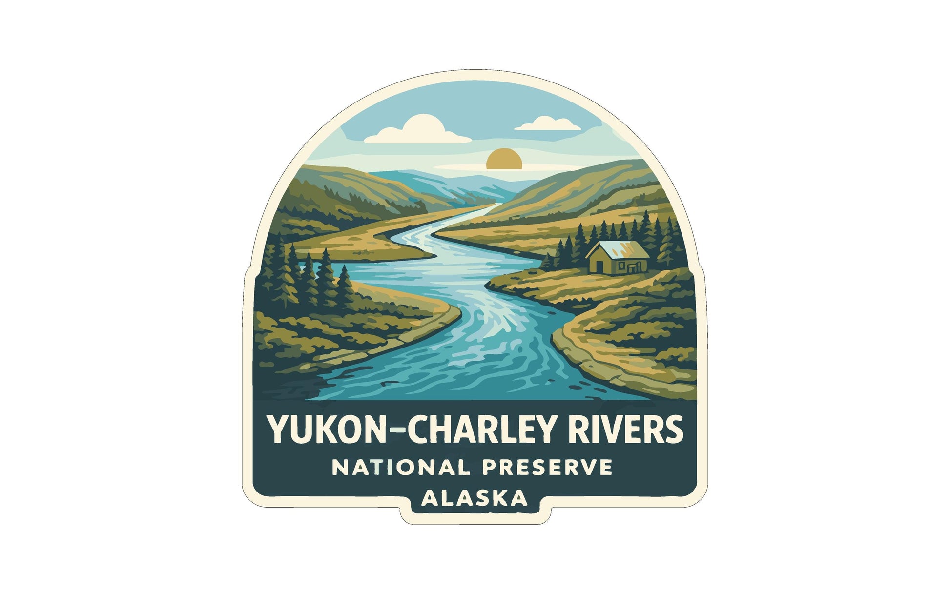 a scenic landscape with a river, mountains, and a cabin, with the text "Yukon-Charley Rivers National Preserve Alaska" prominently displayed.