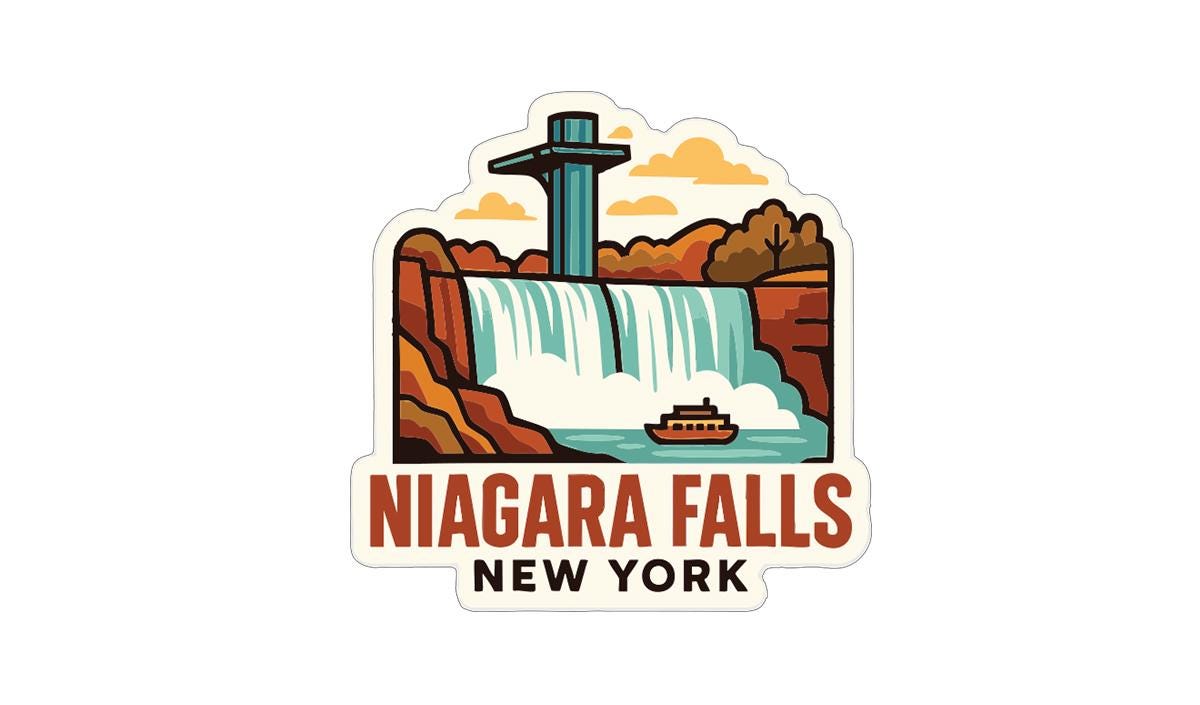 A sticker depicting Niagara Falls, New York, with a waterfall, a boat, and a tower in the background.