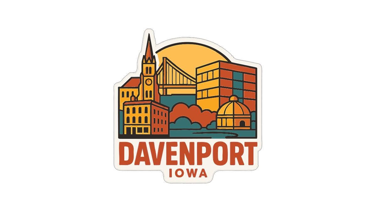 a sticker or logo depicting the cityscape of Davenport, Iowa.