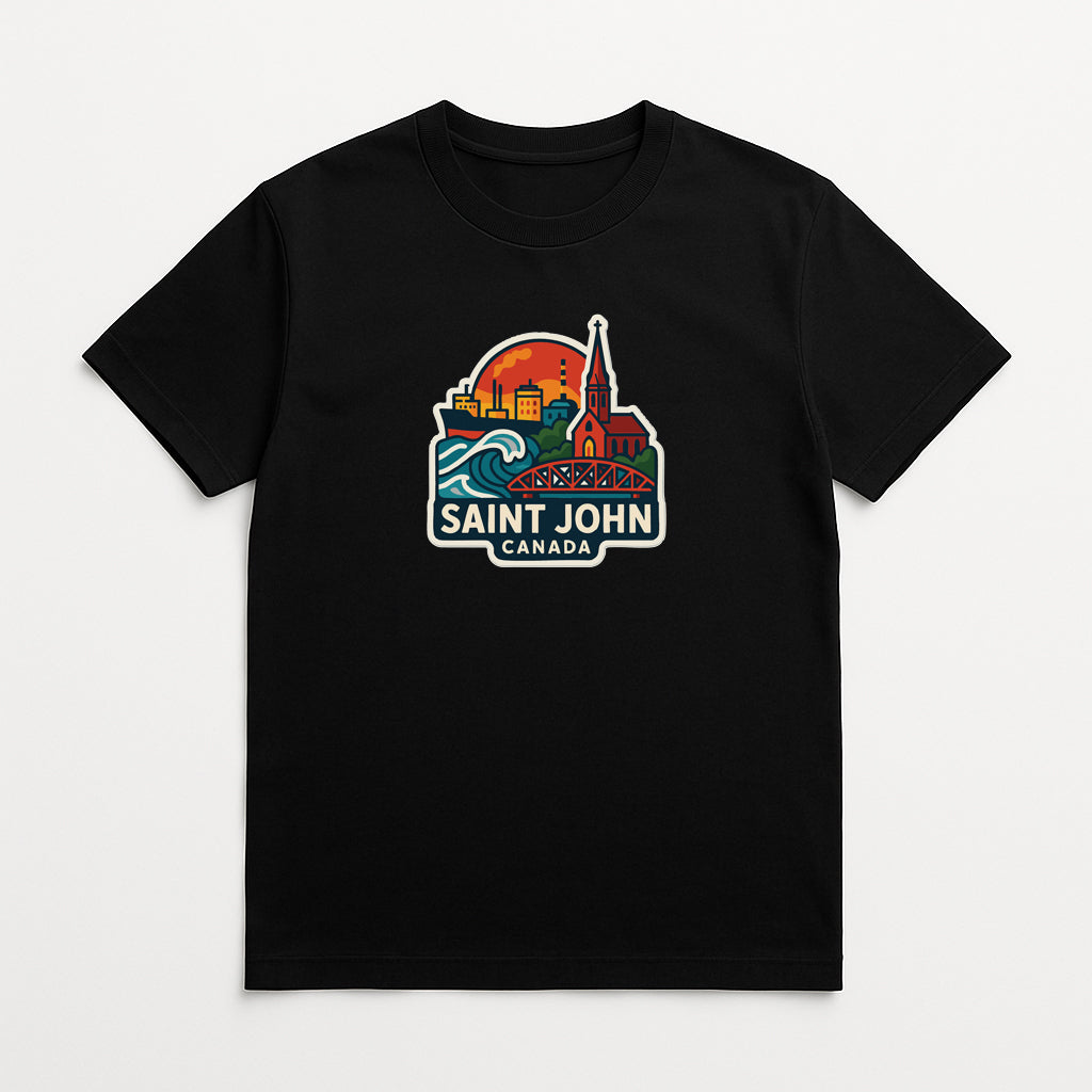 A black t-shirt with a graphic design depicting a city skyline and a sun, along with the text "SANT JOHN CANADA" printed on it.