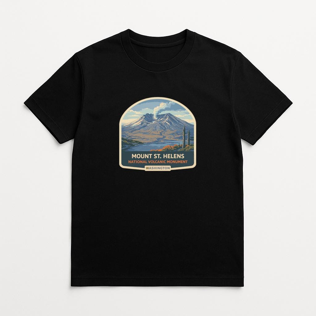 A black t-shirt with a graphic design depicting a mountain landscape with a lake and a volcano.