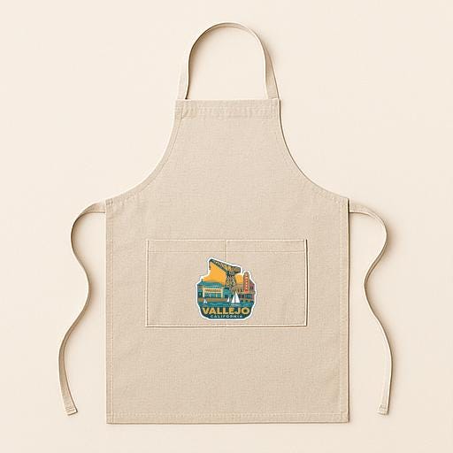 A beige apricot with a graphic design on the front pocket, featuring a crane and the text "VALLEJO".